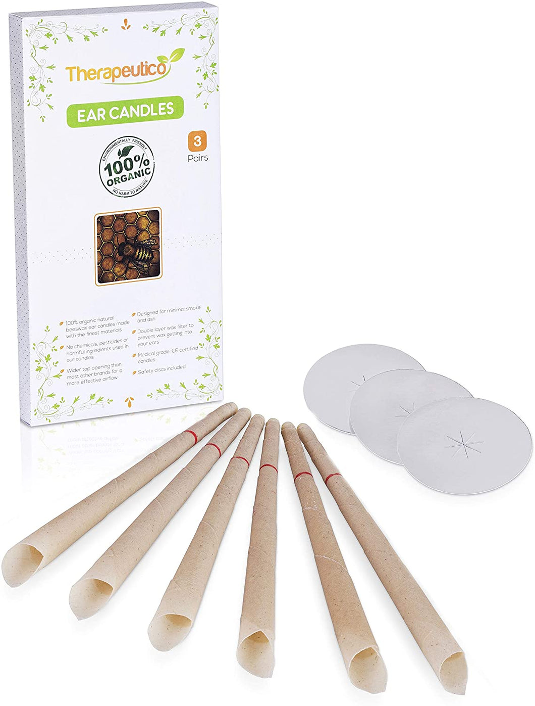 Therapeutico Natural Organic 100% Beeswax Hopi Ear Candles, 6 Hand-Crafted Candles, Medical Grade With Safety Disc and Double Wax Filter, Relaxing | Free Ebook |